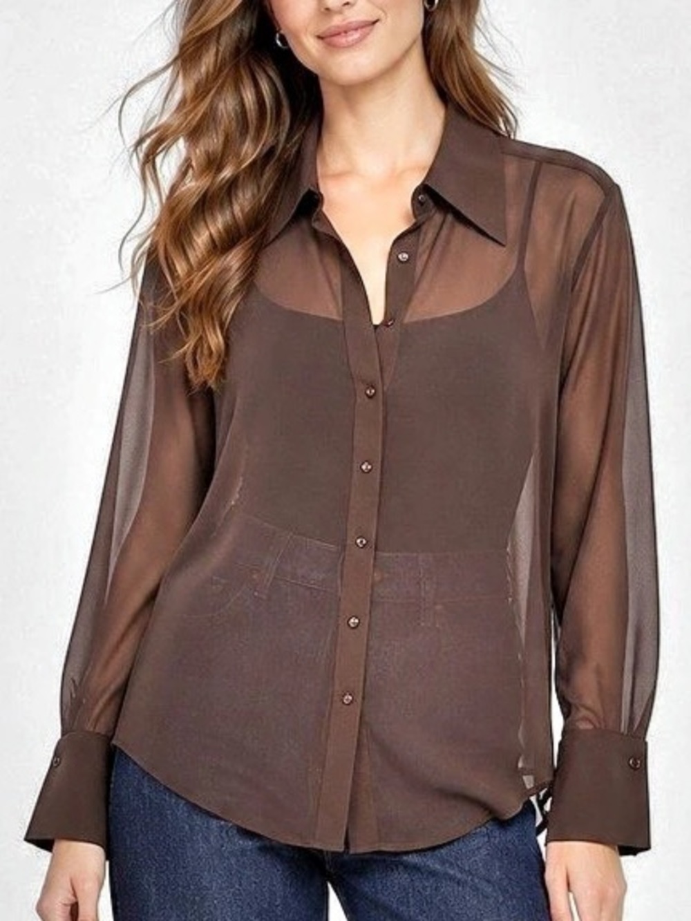 Prettywear Sheer Button Front Blouse in Brown Size Small